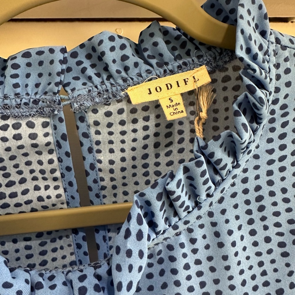 JODIFL Blue and Black Ruffle Neck Blouse - Picture 2 of 4